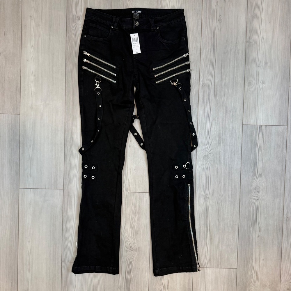 NWT Hot Topic Black Low Rise Suspender Zip Flare Jeans Punk Bondage Straps 13